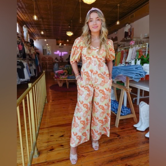 MOLLY GREEN Orange Floral Giovanna Jumpsuit M - Picture 1 of 9